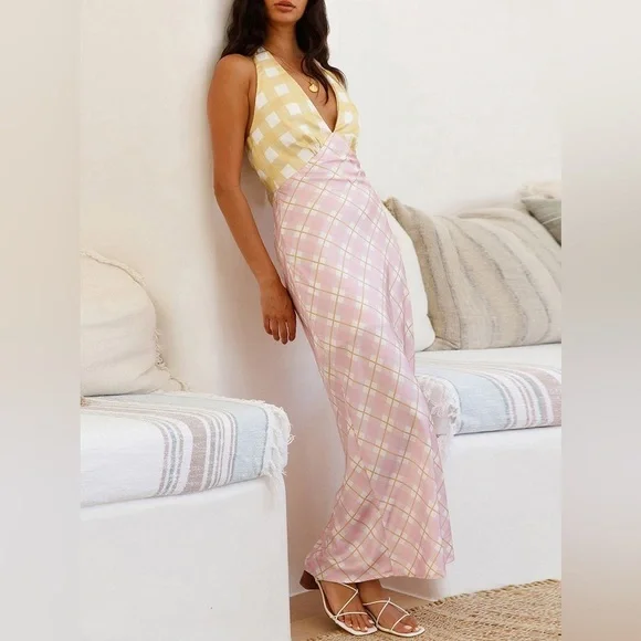 Picnic Plaid Satin Midi Dress Halter Y2K Slip AU 6 US XS - Picture 2 of 16